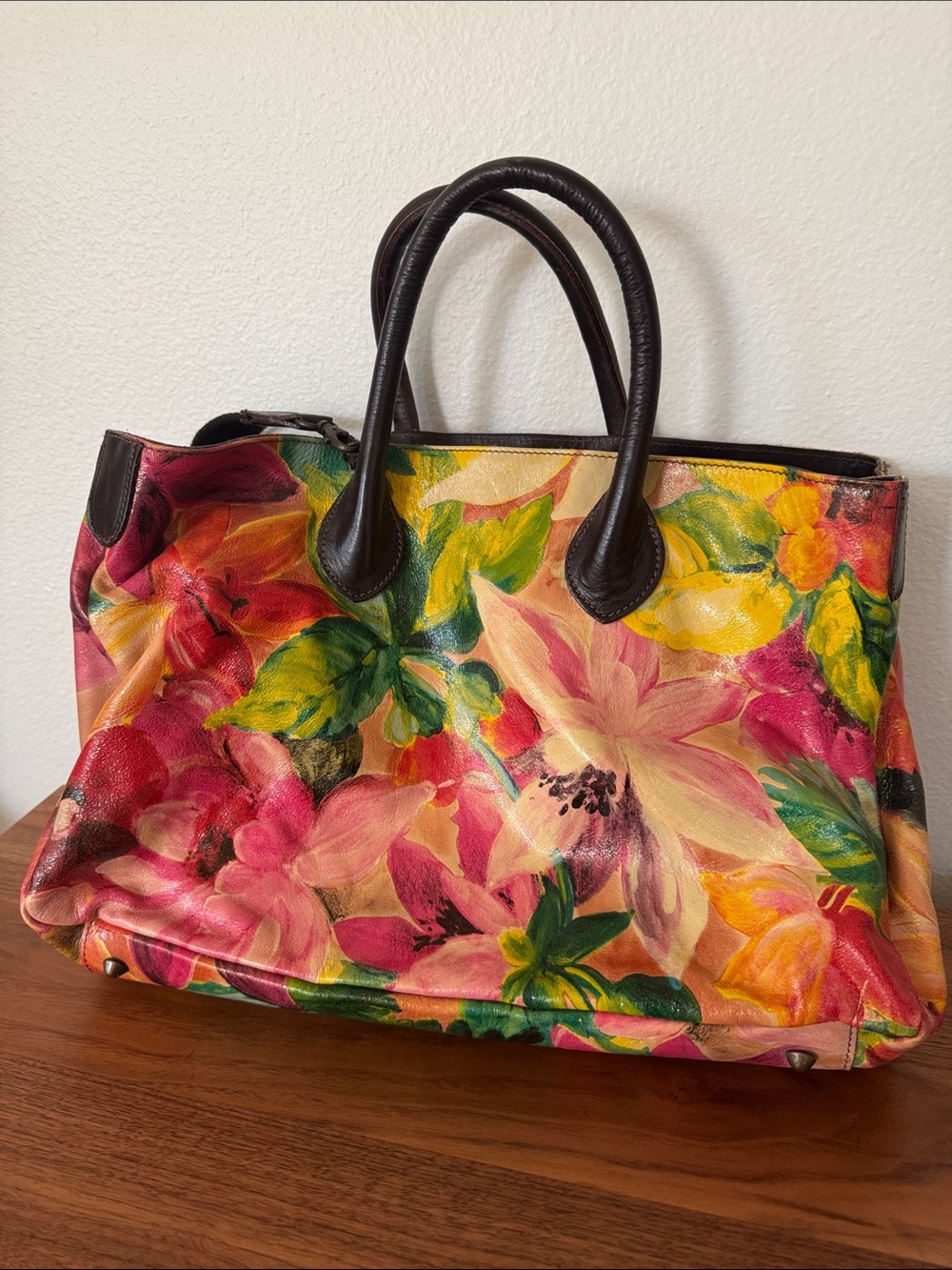 Maurizio Taiuti Floral Tote in Pink, Yellow & Green with Dark Brown Handles